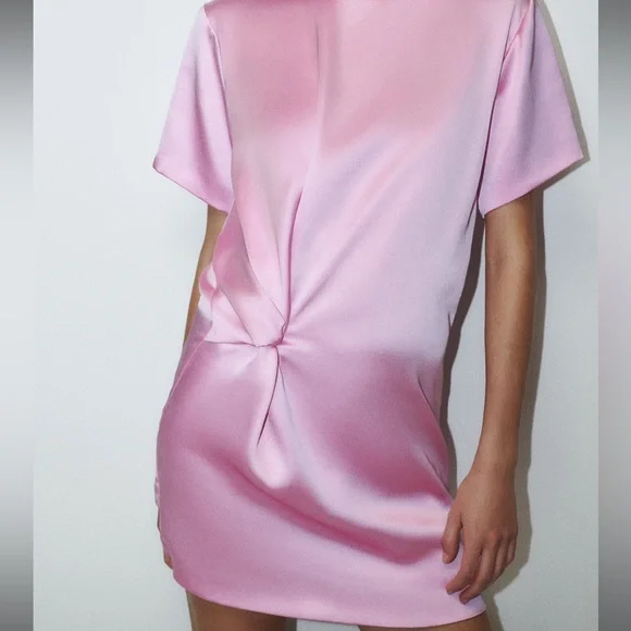 pink satin zara dress ZW COLLECTION SATIN EFFECT HALTER DRESS - Pink